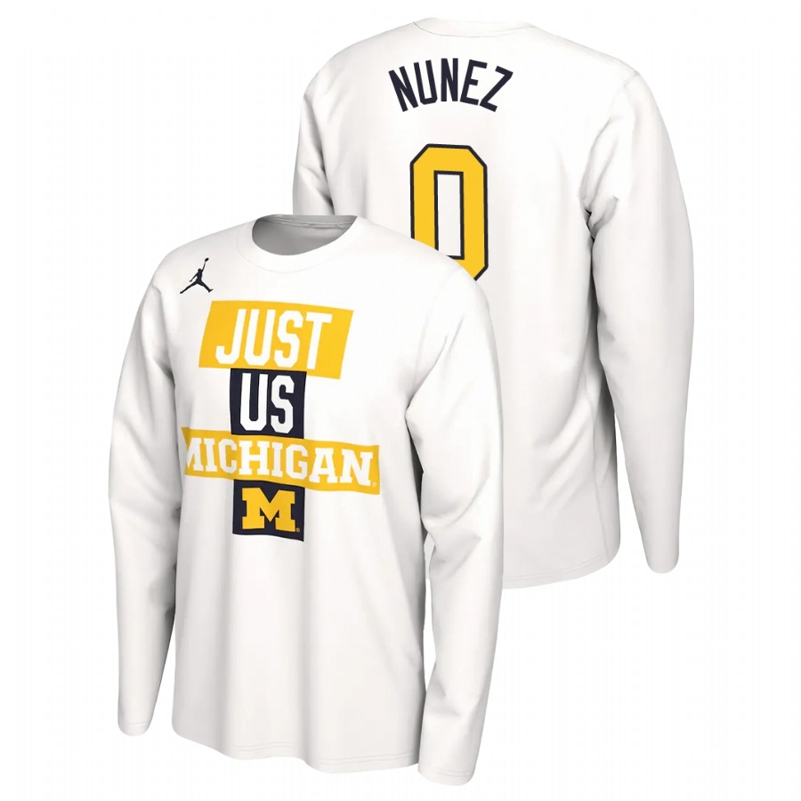Michigan Wolverines Men's NCAA Adrien Nunez #0 White 2021 Postseason JUST US Bench Long Sleeve College Basketball T-Shirt IJO1449SU